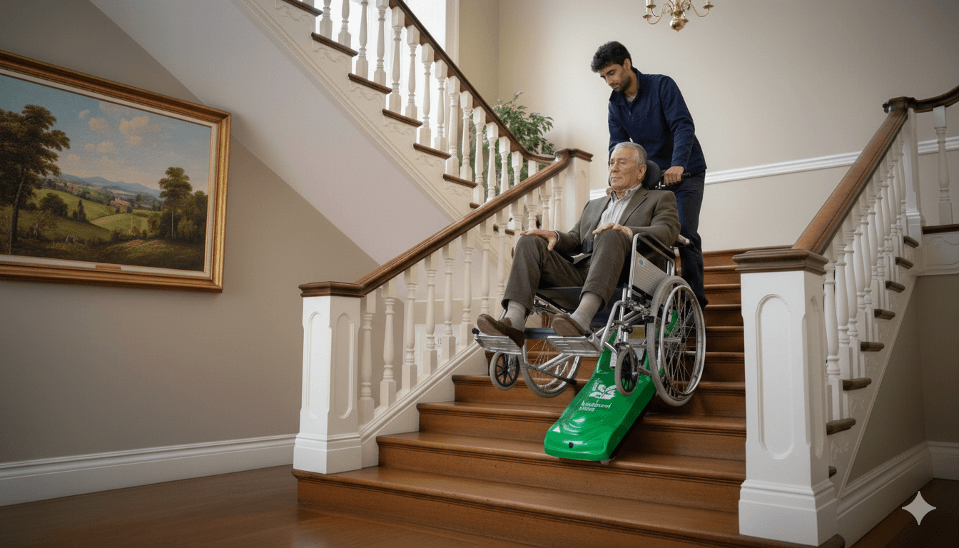 Man in wheelchair being taking up stairs on a stair climber