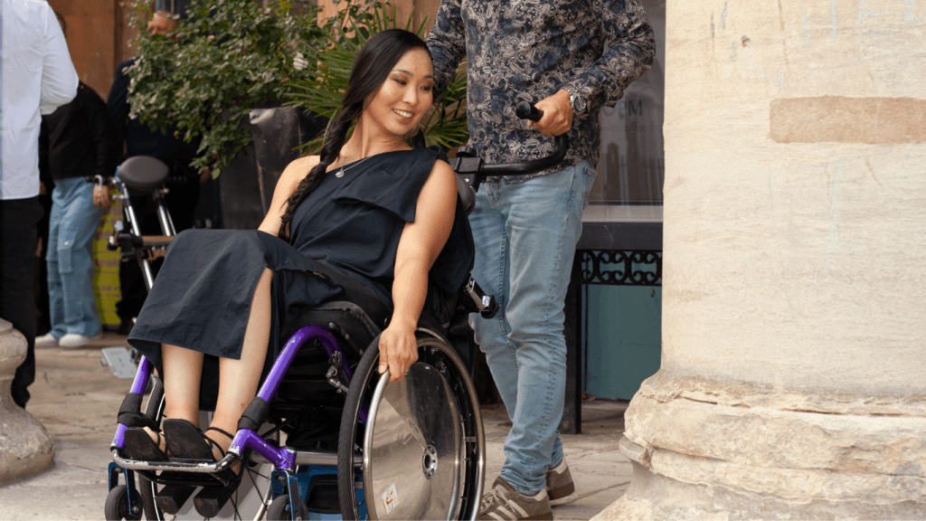 Lady using a Stair Climber for hire in heritage church building.